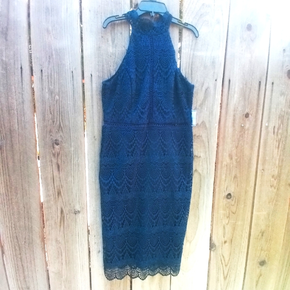 Premier Amour Dress Womens 10 Blue Lace Trim Halter Fully Lined Sleeveless